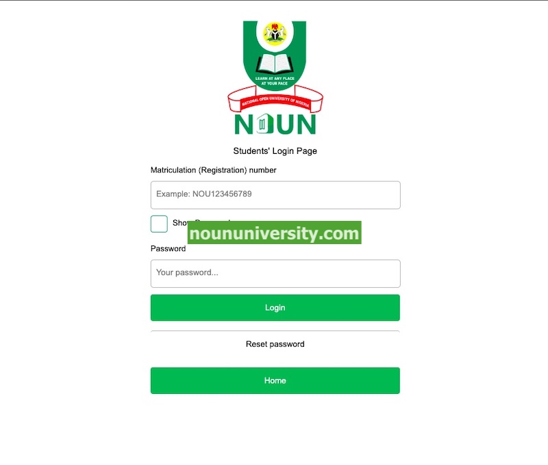 Student Login Page on the NOUN SMS Portal