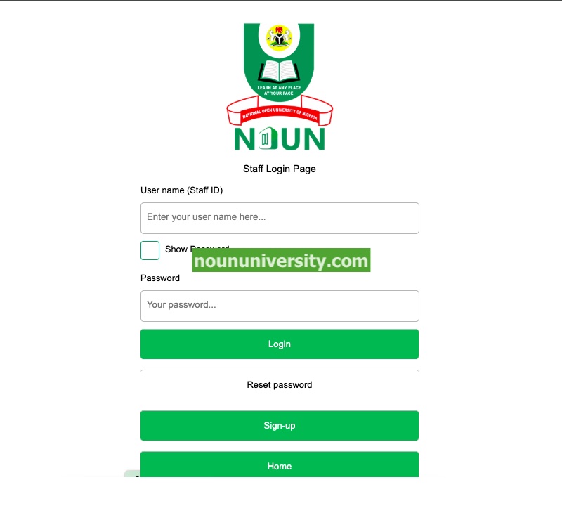 Staff Login Page on the NOUN SMS Portal